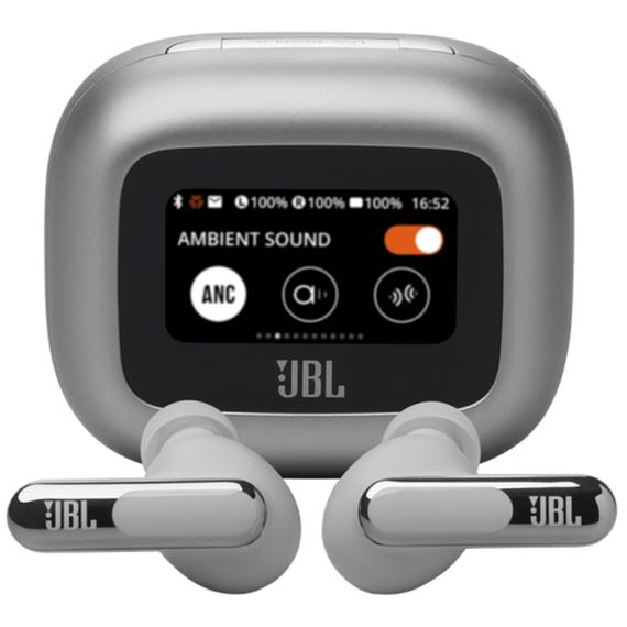 JBL Live Beam 3 Auricular Bluetooth con Cancelación de Ruido y pantalla Plata