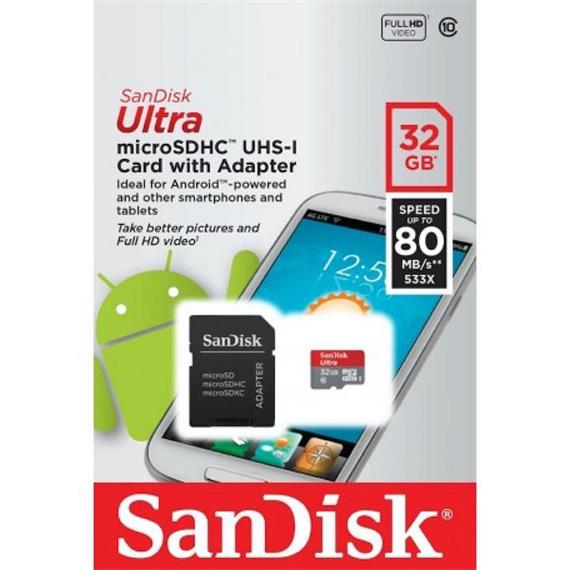 MEM. MICRO SDHC 32GB CLASS 10 SANDISK 80MB/S UHS-I