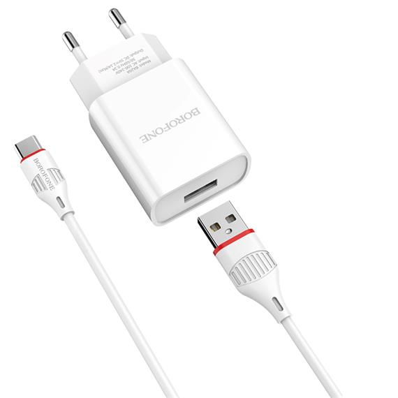 Cargador USB 2.1Amp + Cable USB a USB-C BOROFONE BA20A Blanco