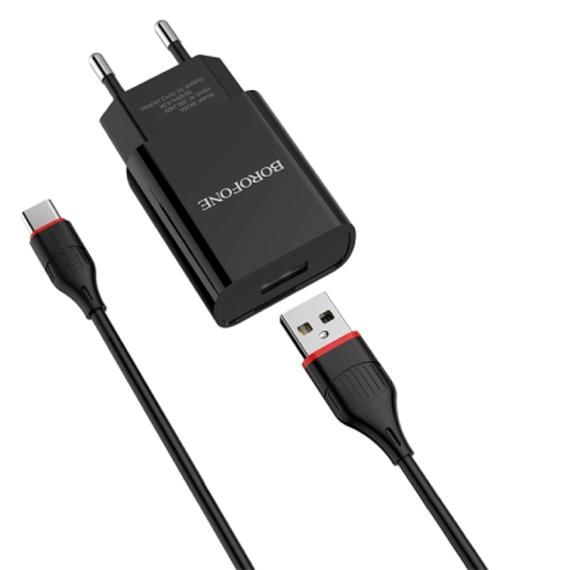 Cargador USB 2.1Amp + Cable USB a USB-C BOROFONE BA20A Negro