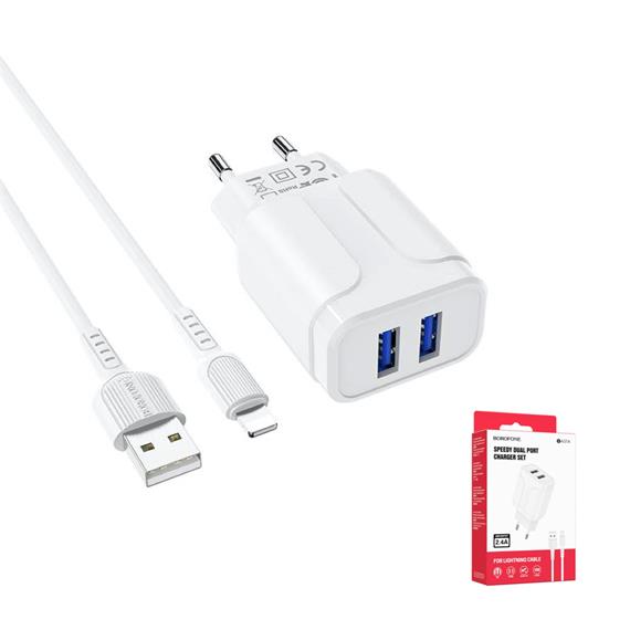 Cargador USB 2.4Amp + Cable USB a Lightning BOROFONE BA37A Blanco