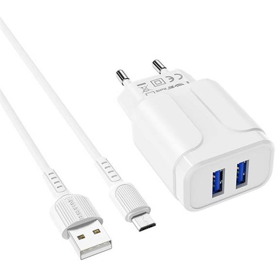 Cargador USB 2.4Amp + Cable USB a Micro Borofone BA37A Blanco