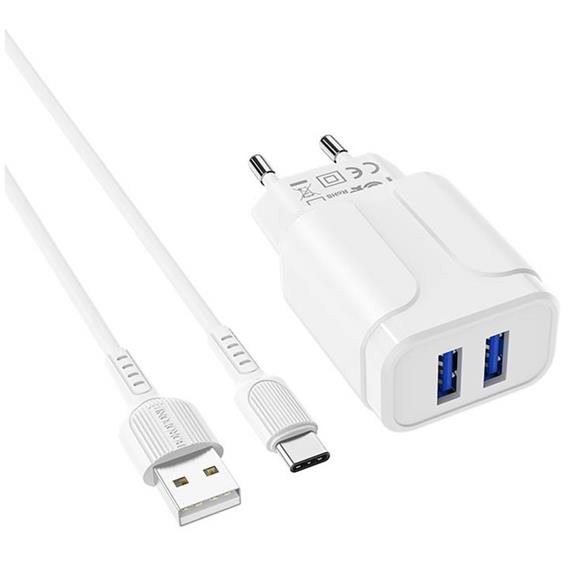 Cargador USB 2.4Amp + Cable USB a USB-C Borofone BA37A Blanco