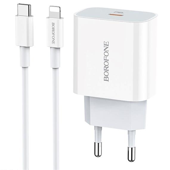 Cargador USB-C 20W + Cable USB-C a Lightning Borofone BA38A Plus Blanco