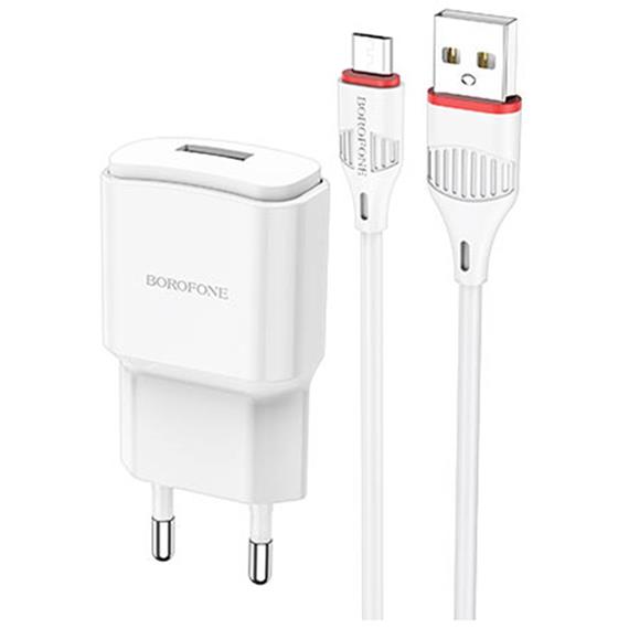 Cargador USB 2.1Amp + Cable USB a Micro Borofone BA48A Blanco