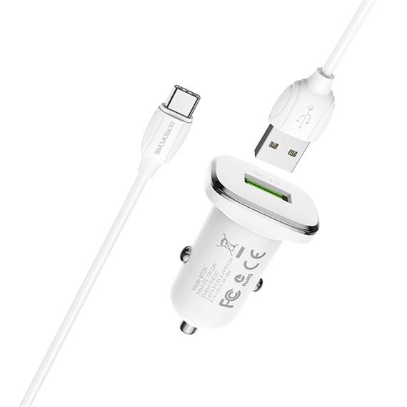 Cargador Coche USB 2.4Amp+ Cable USB a USB-C Borofone BZ12A Blanco