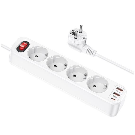 Hoco NS1 Regleta 4 Tomas con 2x USB 18w y USB-C 20w Blanco