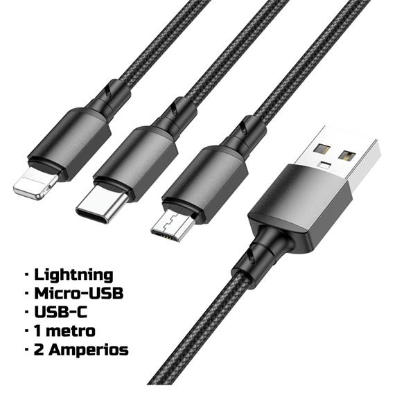 Cable USB a Lightning+ USB-C + Micro 1 metro Borofone BX72 Negro