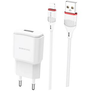 Cargador USB 2.1Amp + Cable USB a Lightning Borofone BA48A Blanco