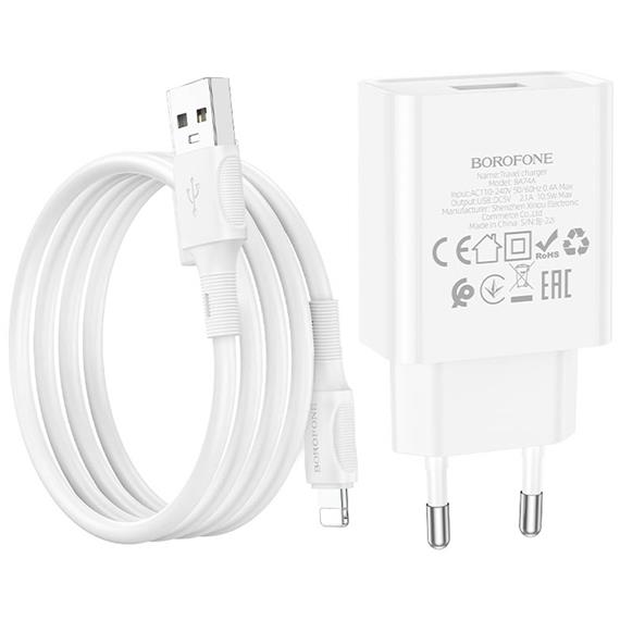 Cargador USB 2.1Amp + Cable USB a Lightning Borofone BA74A Blanco