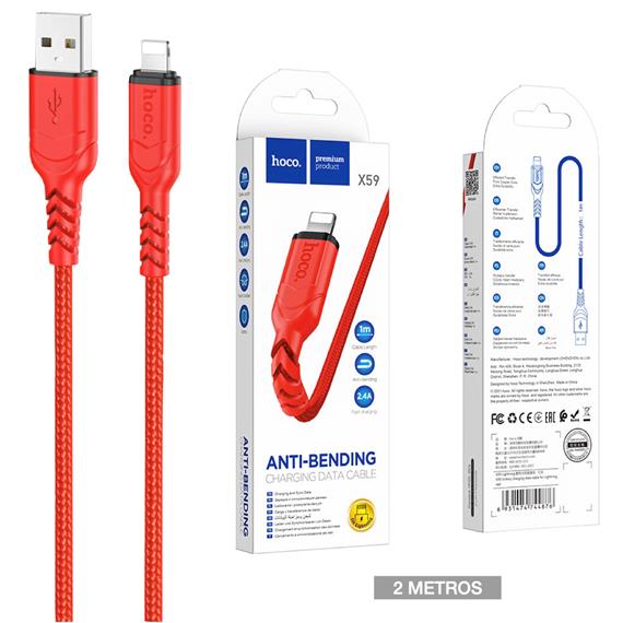 Cable USB a Lightning 2 m 2.4Amp Hoco X59 Victory Cuerda Rojo