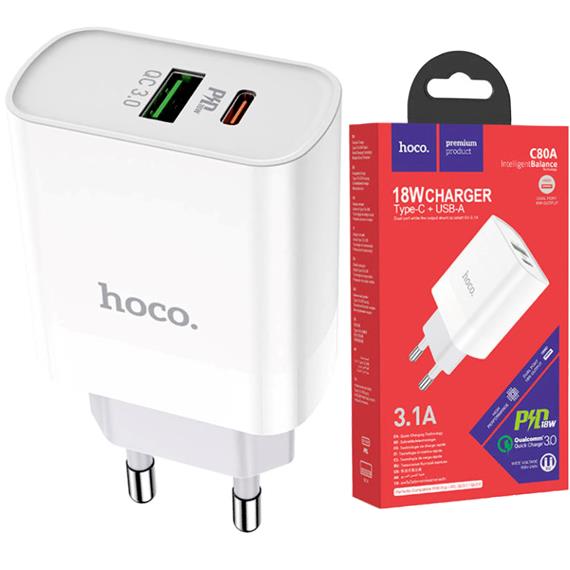 Cargador USB y USB-C 20W Hoco C80A Blanco