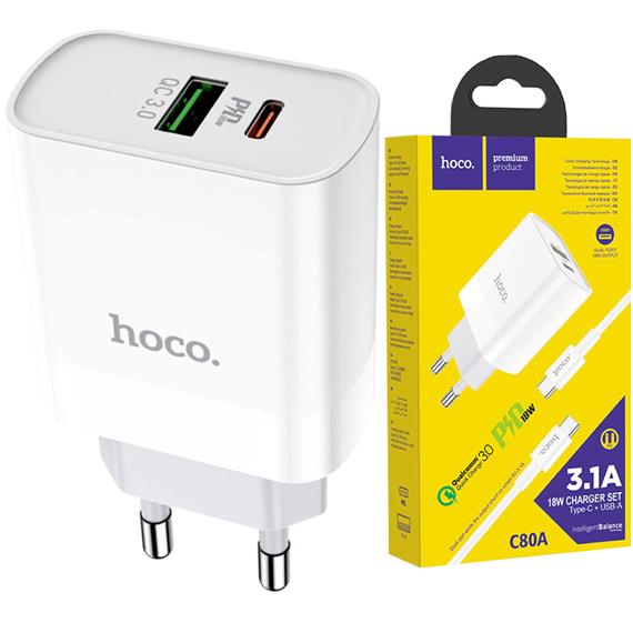 Cargador USB y USB-C 20W+ Cable USB-C a USB-C Hoco C80A Blanco