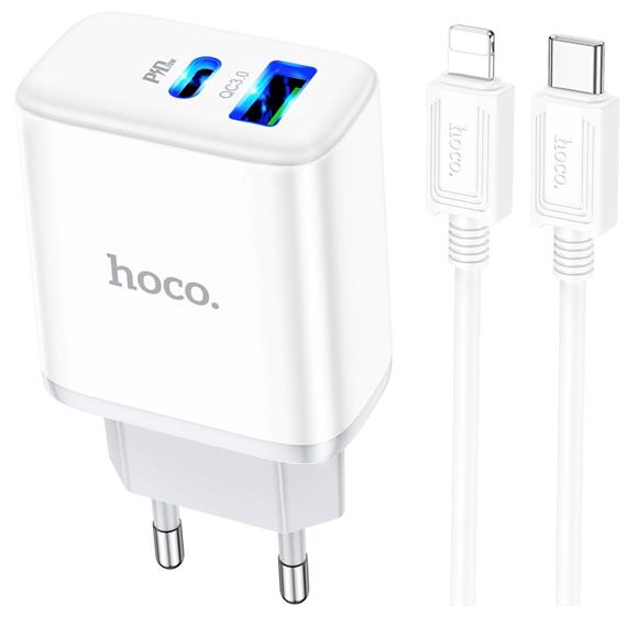 Cargador USB y USB-C 20W+ Cable USB a Lightning Hoco C105A Blanco