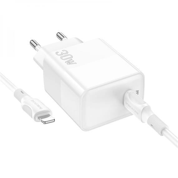 Cargador USB-C 30W+ Cable USB-C-Lightning Borofone BA77  Blanco