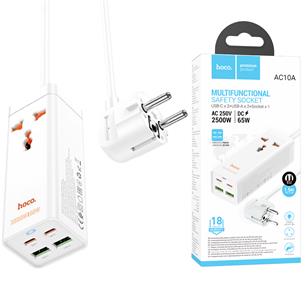 Cargador USB y USB-C 65W entrada Multipaís Hoco AC10A Blanco