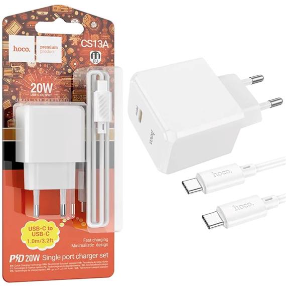 Cargador USB-C 20W + Cable USB-C a USB-C Hoco CS13A Blanco