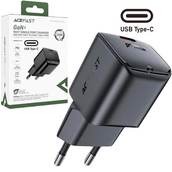 Cargador USB-C Acefast A73 Mini PD20W GaN Negro