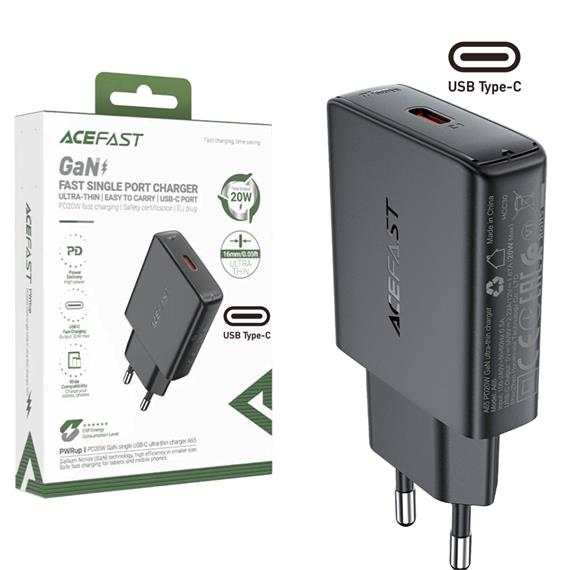 Cargador USB-C Acefast A65 PD20W GaN Ultra Plano Negro