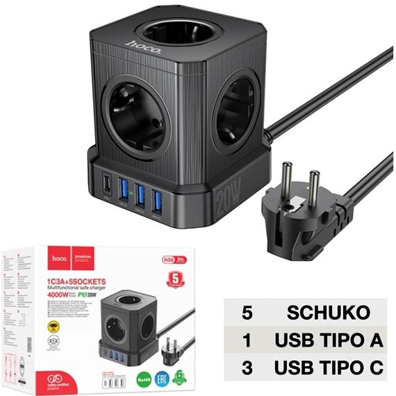 Hoco NS8 Regleta Cubo con 5 Enchufes y 3 Puertos USB 20W