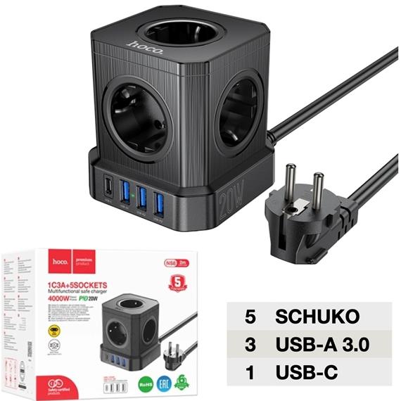 Hoco NS8 Regleta Cubo con 5 Enchufes y 3 Puertos USB 20W