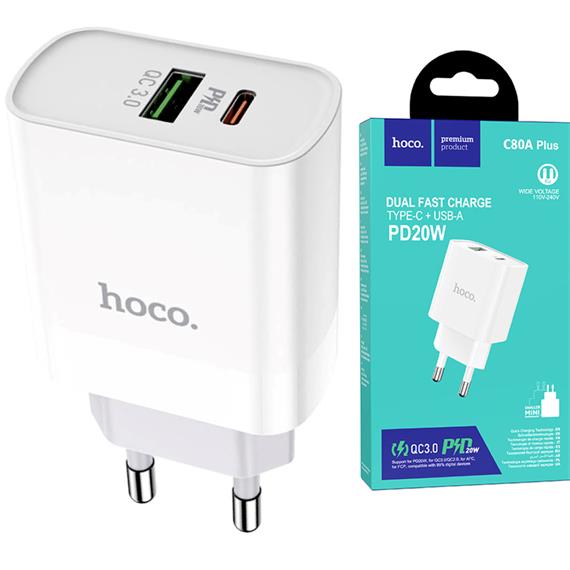 Hoco C80A Plus Cargador Rápido USB-A y USB-C 20W QC3.0 Blanco