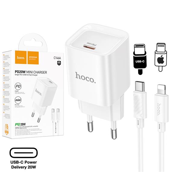 Cargador USB-C 20W + Cable Lightning Hoco C146A PD20W Blanco