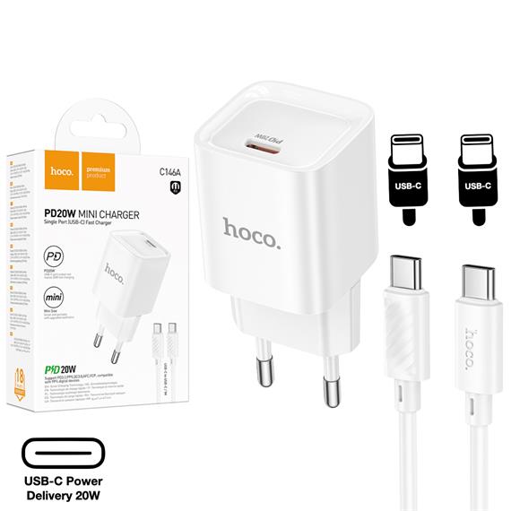 Cargador USB-C 20W + Cable USB-C Hoco C146A PD20W Blanco